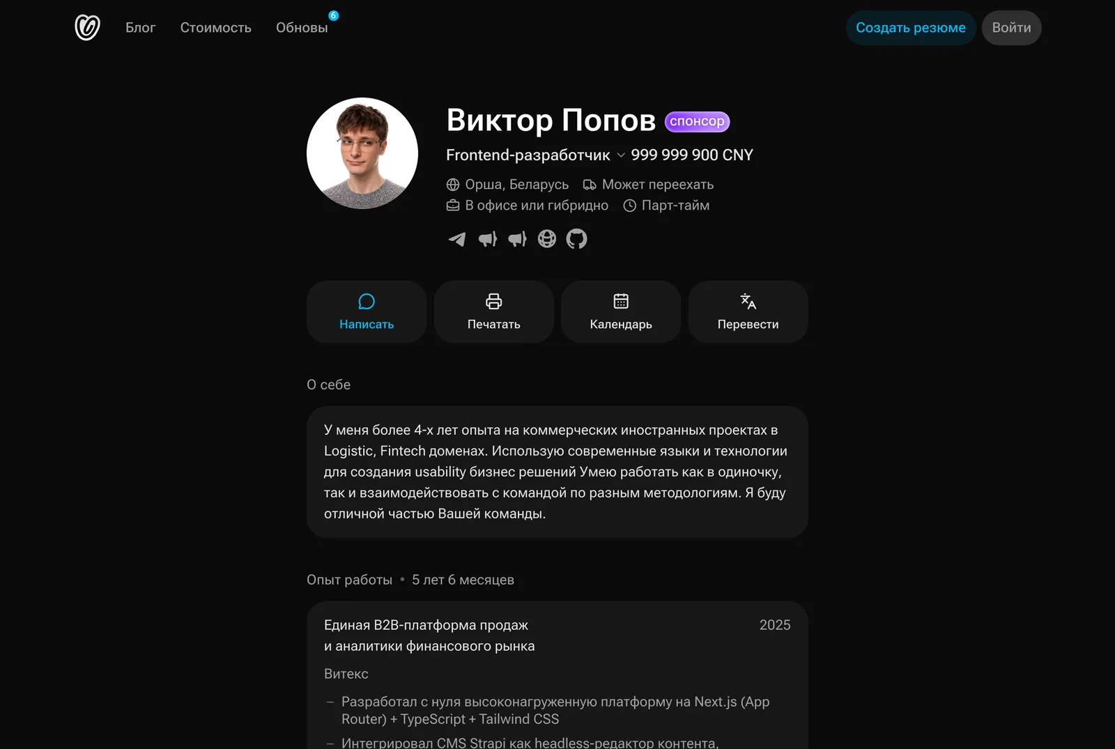 Страница профиля на cv.place