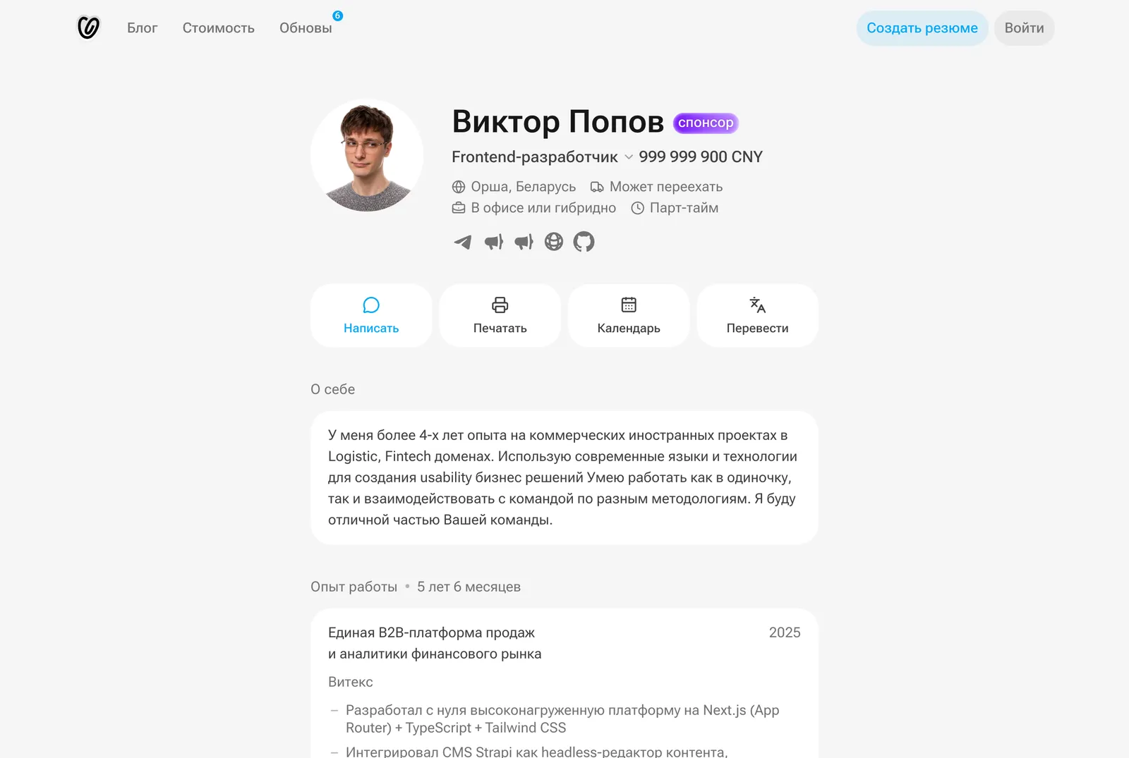 Страница профиля на cv.place